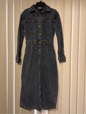 Denim Button-Front Midi Dress in Dark Blue